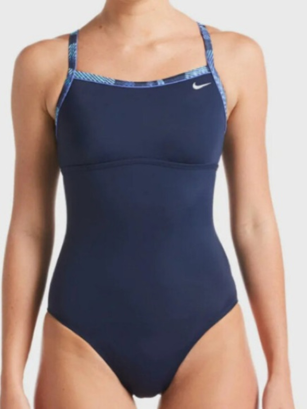 Nike Women's Navy One-Piece Swimsuit with Blue Patterned Straps